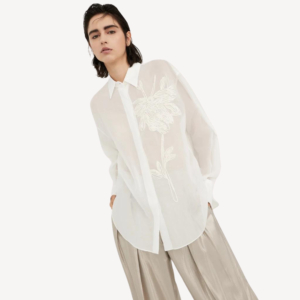 Cotton organza shirt with dazzling magnolia embroidery