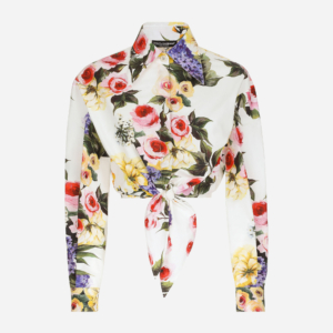 Short garden-print cotton poplin shirt with pussy-bow