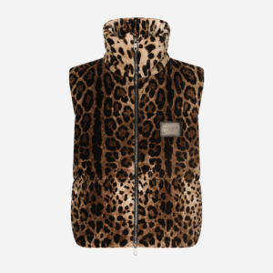 Sleeveless leopard-print jacket with logo tag